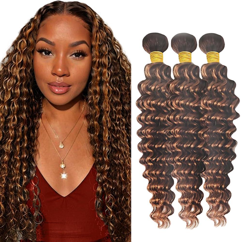 ZCMYVINND Light Brown Deep Wave Bundles Human Hair Ombre P4/30 Deep Curly Weave Chocolate Medium Brown Piano Color Highlights Bundles 10 12 14 Inch Brazilian Human Hair Extensions
