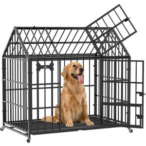 Dosker Heavy Duty Dog Crate 42 Inch,XL Large/Medium Pet Dog Cage Kennel Indoor,Steel Escape Proof Cage with Roof Top 2 Doors Removable Trays,Lockable Wheels