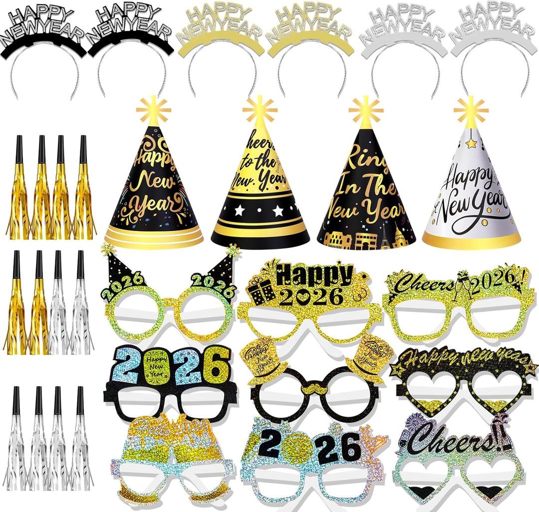 HOWAF 44pcs New Years Eve Party Supplies 2026, Happy New Years Decorations NYE Party Favors New Year Headband Glasses New Year Hats Fringed Noisemaker for New Year's Eve Party Decoration