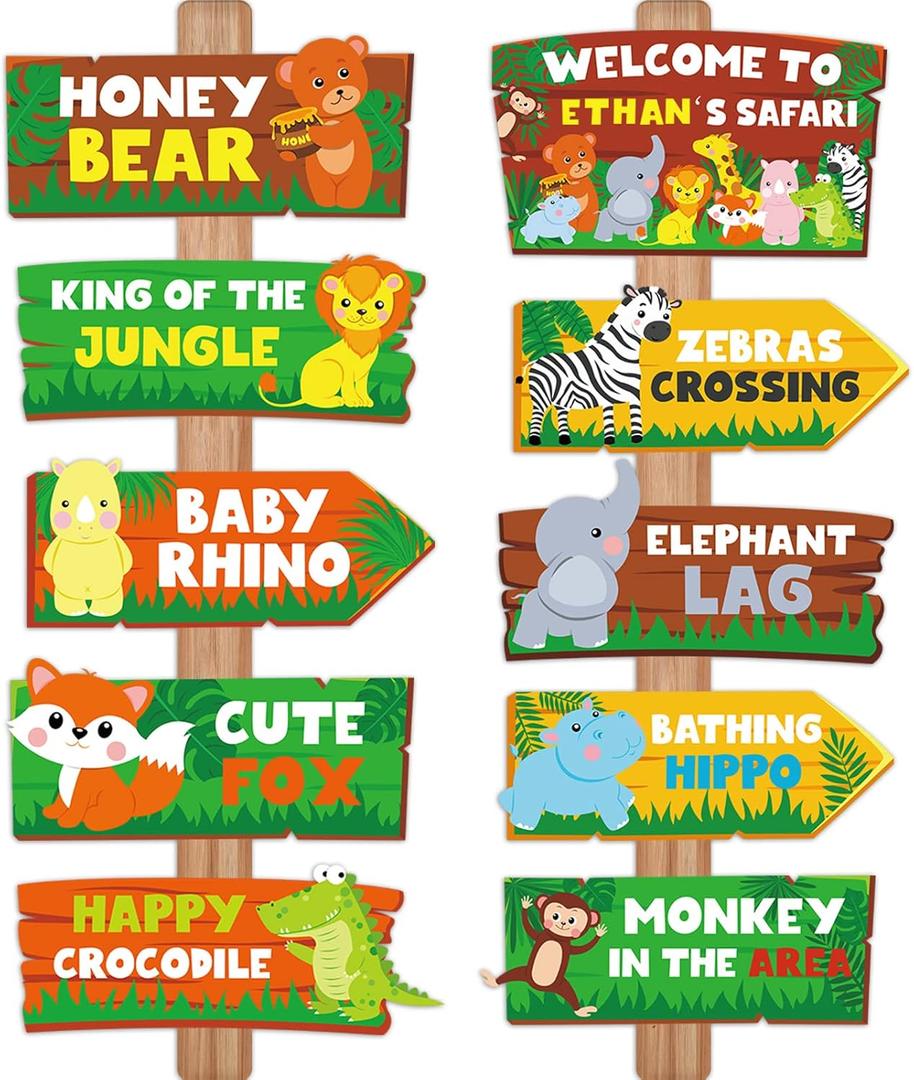 HOWAF 20pcs Jungle Safari Party Sign, Jungle Animal Directional Sign for Birthday Party Baby Shower Decorations Supplies, Wild Animal Party Decoration Welcome Sign, Zoo Animals Paper Sign