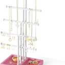 Love-KANKEI Jewelry Organizer Stand, 5 Tier Large Necklace Holder with Wood Base, Jewelry holder stand Tree for Display, Bracelets Earrings Rings, Height Adjustable Gift Pink and White