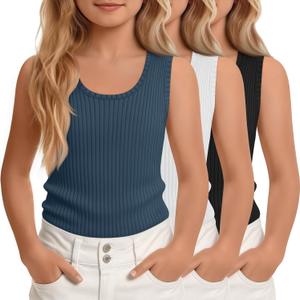 3 Pack Girls Ribbed Tank Tops Knit Slim Fit Camisole U Neck Sleeveless Undershirts Summer Basic Tanks (9-10 Years, Haze Blue, White, Black)
