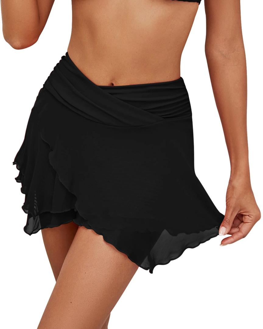 GRAPENT Swim Skirt Bottoms for Women Criss Cross High Waisted Bikini Bottom Layered Mesh Flowy Shorts Bathing Suit Skort, Size Large, black