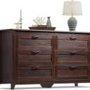 WLIVE Wood Dresser for Bedroom, Double 6 Drawer Dresser with Metal Handle, Large Wooden Chest of Drawers for Living Room, Hallway, Closet, Rustic Brown