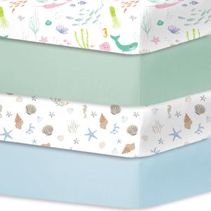 Bimocosy Crib Sheets 4 Pack, Baby Crib Sheets Fitted for Boys and Girls Breathable & Snug Fit, Soft Toddler Bed Sheets for Standard Crib Mattress Nursery Daycare Essentials, Ocean Friends