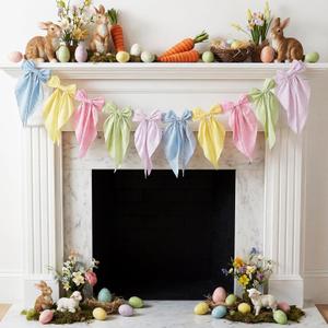 Newwiee Plaid Pastel Bow Garland Banner - Satin Ribbon Hanging Party Bow Garland Decor for Birthday, Baby Shower & Wedding