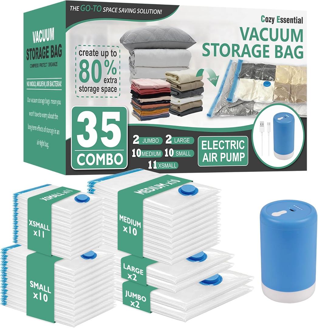 Cozy Essential 35 Pack Vacuum Storage Bags with Portable Rechargeable Wireless Portable Electric Pump, Vacuum Seal Space Saver Bags for Clothing, Pillows, Blanket, Bedding, Comforters