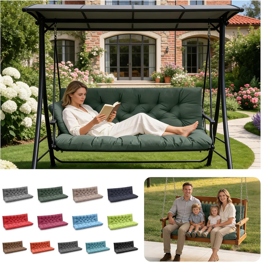 Porch Swing Cushions, Outdoor Swing Replacement Cushions 4 Seater with Backrest, Waterproof Bench Cushion with Ties,for Patio,Porch, Garden,Backyard (60x 40 inches, Green)
