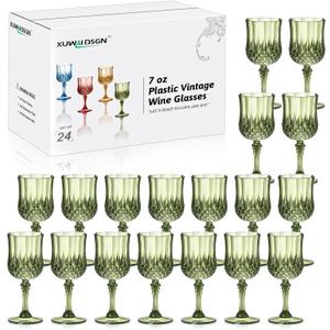 XUWAIDSGN 24 Pcs 7oz Plastic Vintage Glasses Drinking Glasses Unbreakable Wedding Glassware Crystal Water Goblets Reusable Drinkware Vintage Champagne Flutes (24, Dark Green)