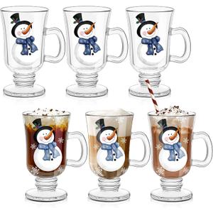 Sliner 6 Pack Christmas Snowman Glass Coffee Mugs with Handle, 8 oz Clear Christmas Cappuccino Glasses Irish Coffee Mugs Winter Latte Cups Holiday Mugs for Hot Chocolate Milk Beverages