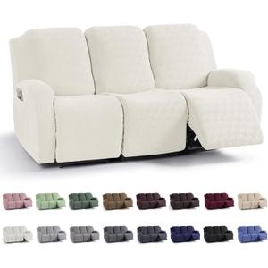 KinCam Recliner Covers, Stretch Reclining Chair Covers, Recliner Sofa Slipcovers Stripe Jacquard Recliner Couch Covers Furniture Protector Covers for Pet Kid (3 Seater, Cream)