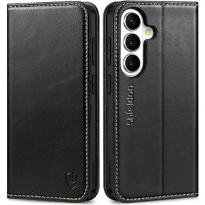 SHIELDON Case Wallet for Galaxy S26 6.3" 2026, Genuine Leather Folio Magnetic Closure, RFID Blocking Credit Card Slot, Kickstand Shockproof Protective Cover Compatible with Galaxy S26 - Retro Black
