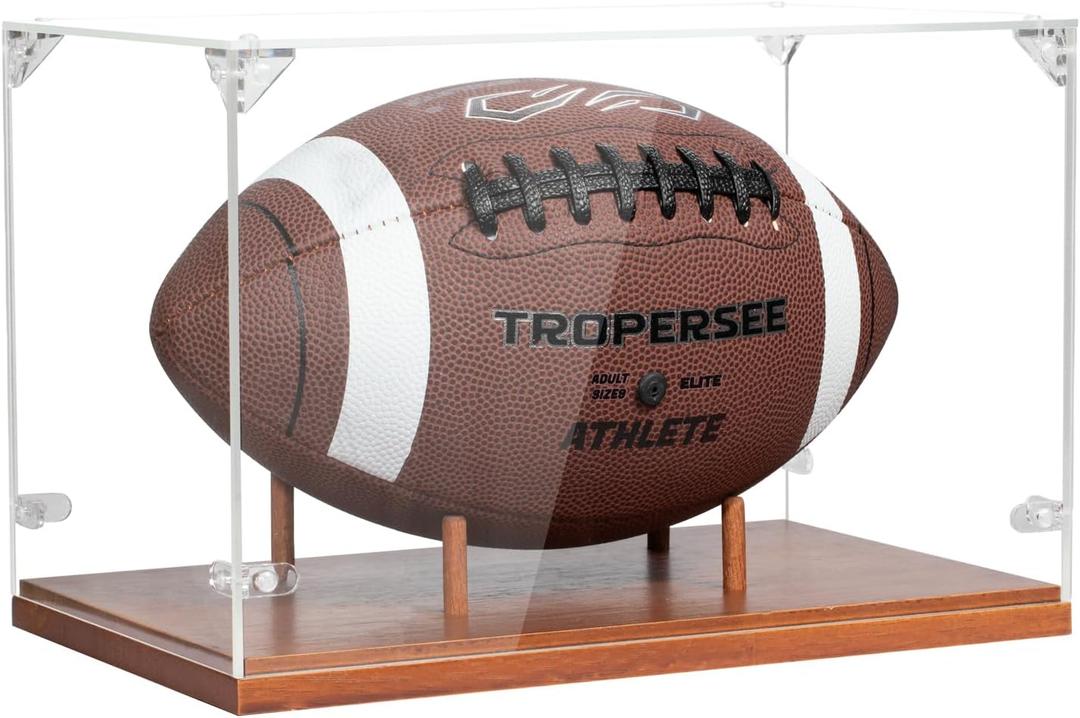 Football Display Case, Thickened UV Protection Clear Acrylic Lid Football Holder, Wood Football Base Stand Football Cases for Signed Football Full Size