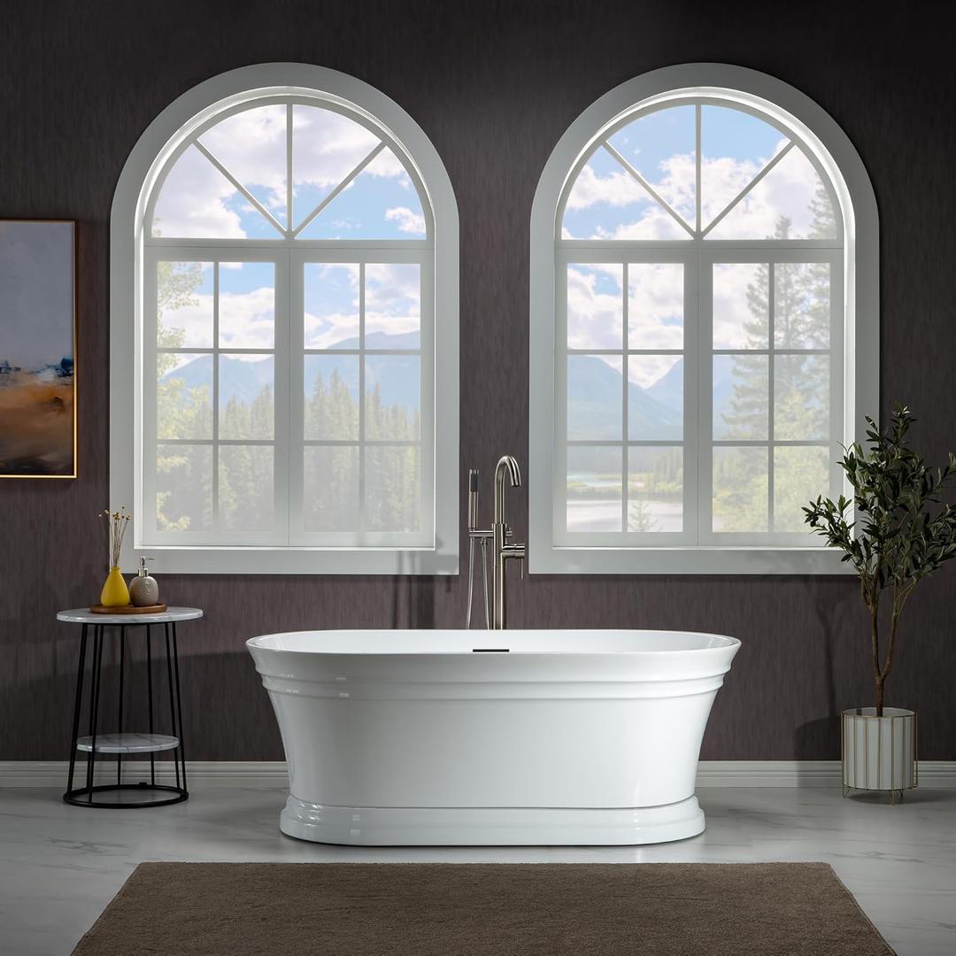 WOODBRIDGE 59"Freestanding White Acylic Soaking Bathtub with Matte Black Drain and Overflow,B1536-MB