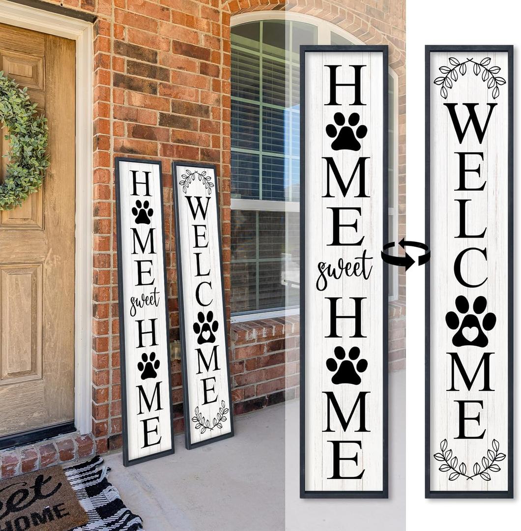 Outdoor Welcome Sign for Front Porch Door Decor, Home Sweet Home Sign Door Outside Standing Large 2 Sided Dog Paw Farmhouse Modern Wooden Frame Vertical Leaner (45"X9" Black)