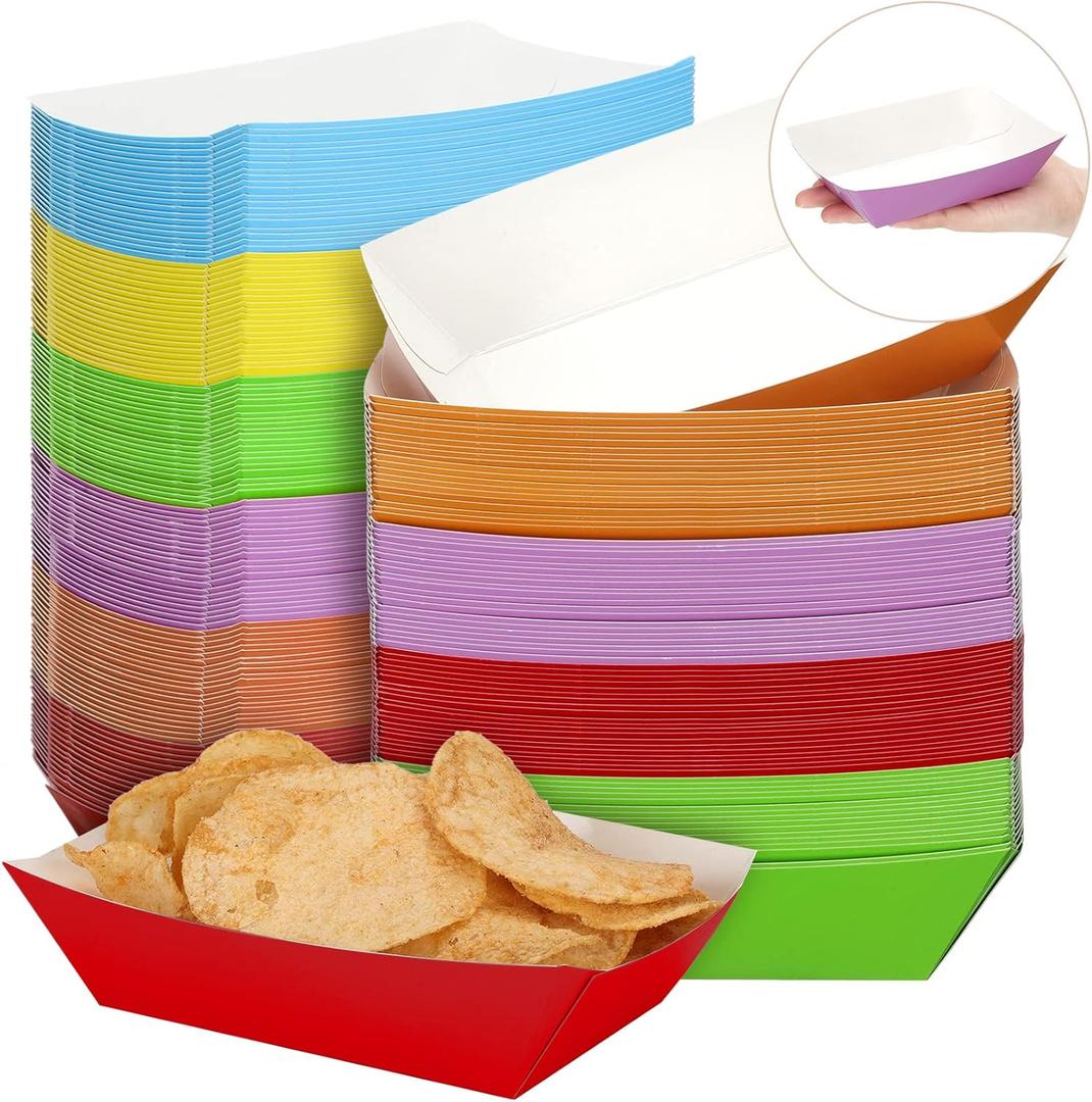 Panelee 120 Pcs Colorful 1lb Nacho Boats Trays Disposable Paper Food Trays Paper Boats Plates Containers Disposable Serving Basket for Nachos Hot Dog Snack Sandwich Burger BBQ Dessert Popcorn Taco