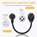 3 Prong to 4 Prong Dryer Adapter Cord, 1.5FT NEMA 10-30P to 14-30R Dryer Power Adapter Dryer Only, No Voltage Conversion, for Old Homes to New Dryers