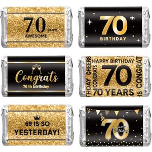 Tenare 180 Pcs 70th Birthday Stickers Black and Gold Cheers to 70 Years Candy Bar Wrappers Happy 70th Birthday Party Favor Labels for Adults Anniversary Party Candy Chocolate Supplies