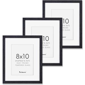 Black Picture Frames 8x10, 8"x10" Photo Frame for Wall, Oak Wood 8x10 Frame with Stand, Real Tempered Glass, 8 x 10 Frame with Mat for 5 x 7, Rustic Wood 8x10 Frame, Set of 3