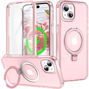 for iPhone 15 Plus Full Body Shockproof Case with Magnetic Invisible Stand [Compatible with MagSafe] Built-in Screen Protector Military Drop Protection Translucent Phone Cover -Pink