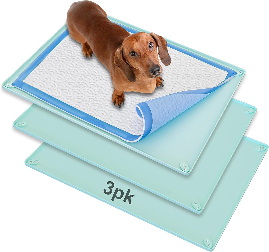 TidyFriend 3 Pk Pee Pad Holder Tray for 30 x 23 Pee Pads with Corner Lock Holes, Raised Edges, Non-Spill, Easy to Clean Silicone Dog Potty Tray Holder, For Indoor Floor Protection (Turquoise)