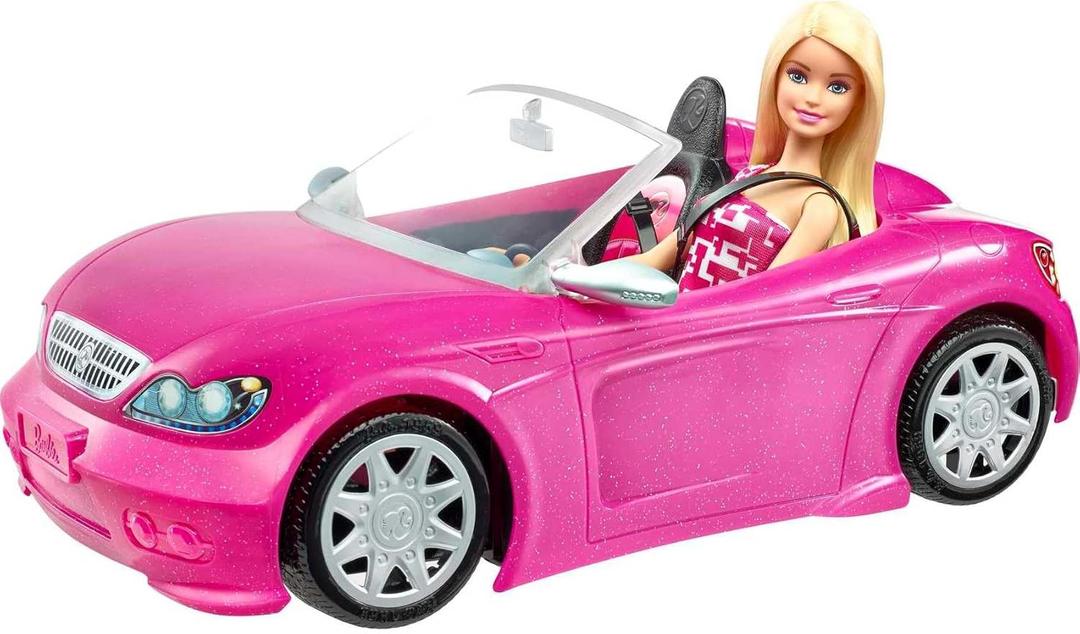 Barbie Playset with Sparkly Pink 2-Seater Toy Convertible Car Featuring Glam Details & Fashion Doll in Sundress & Sunglasses 