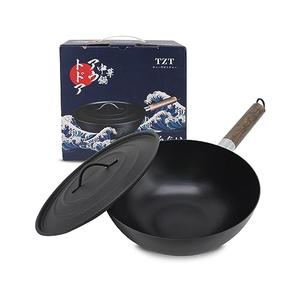 Non-Stick Cast Iron Wok Small Wok Pan with Iron Lid Wodden Handle Suitable for All Stoves, 9" Mini Wok 23 cm