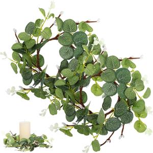 Cabilock 2Pcs Artificial Eucalyptus Candle Rings Wreath, Pillar Candles Holder Wreaths Greenery, Green Leaves Decorative Easter Table Centerpiece for Home Decor