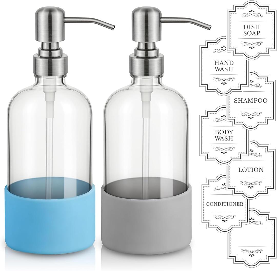 16 oz Hand and Dish Soap Dispenser Set for Kitchen and Bathroom, 500ml Clear Glass Soap Dispenser with Stainless Steel Pump, Non-Slip Silicone Sleeves, Labels - 2 Pack