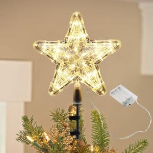 Christmas Tree Topper Star Light up, Xmas Holiday Decorations Treetopper with LED Twinkle Lights, Holder Clips on Artificial Real Trees, Gold New Year Ornaments Battery Powered for Place Anywhere