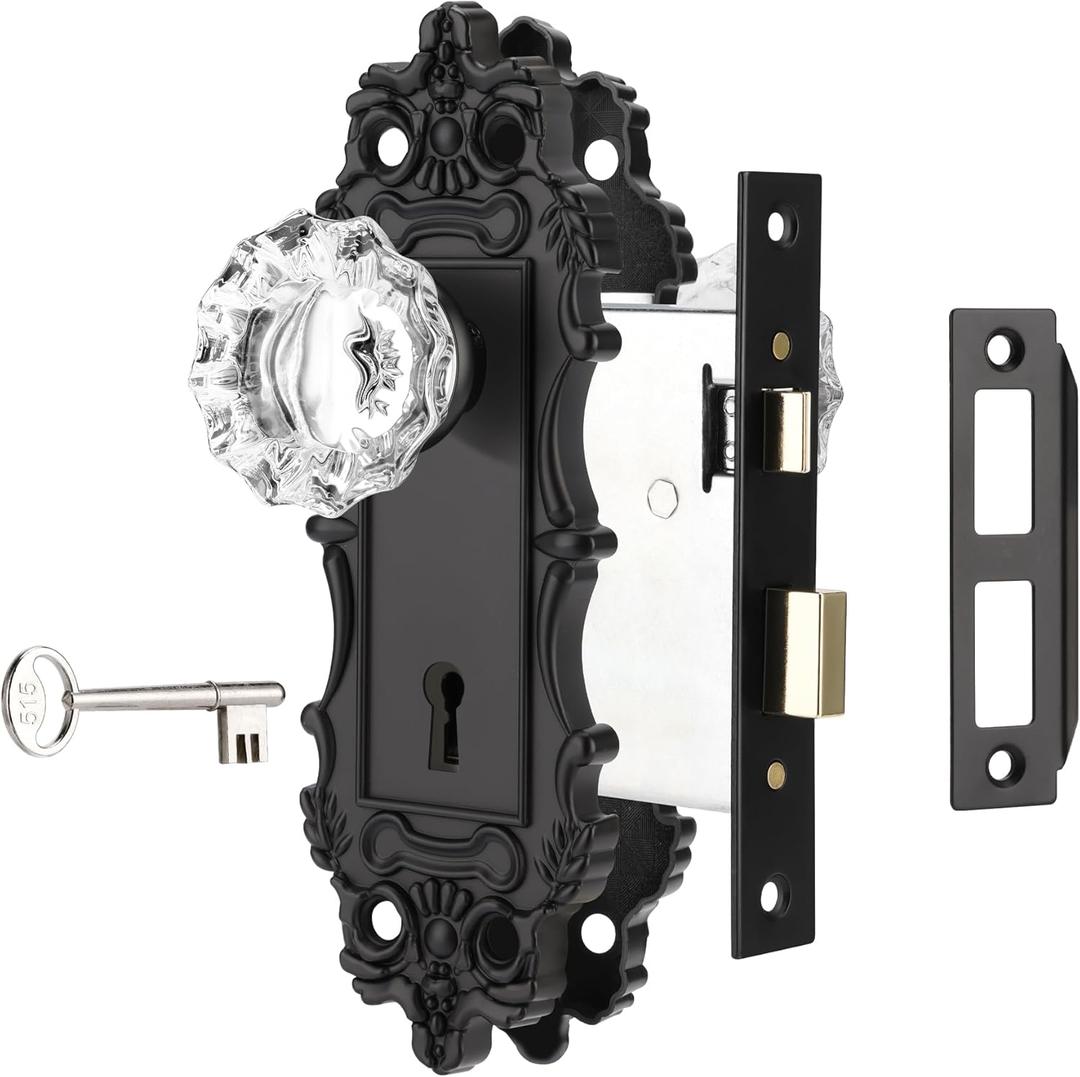 Mortise Lock Set for Interior Door, Antique Black Door Knobs with Lock and Skeleton Key, Vintage Door Handle Lock Replacement for Interior Doors, Matte Black Finish