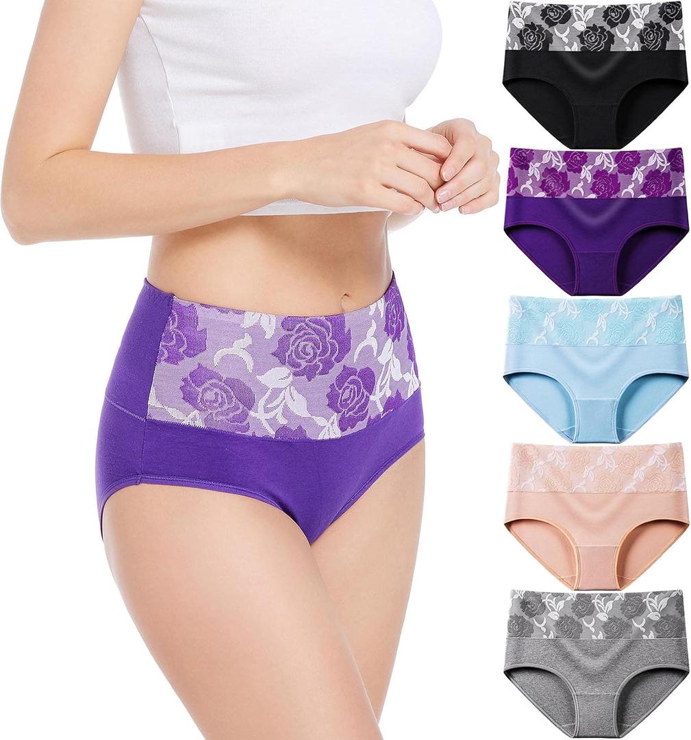 HAVVIS Women's Briefs Underwear Cotton High Waist Tummy Control Panties Rose Jacquard Ladies Panty Multipack (X-Large)