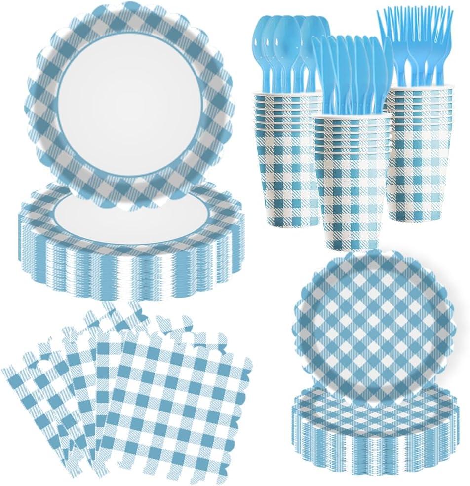 175-Piece blue Gingham Party Supplies Set | Disposable Plates, Napkins, Cups, Cutlery for 25 Guests |Stylish Wedding Birthday Party Decorations (blue)
