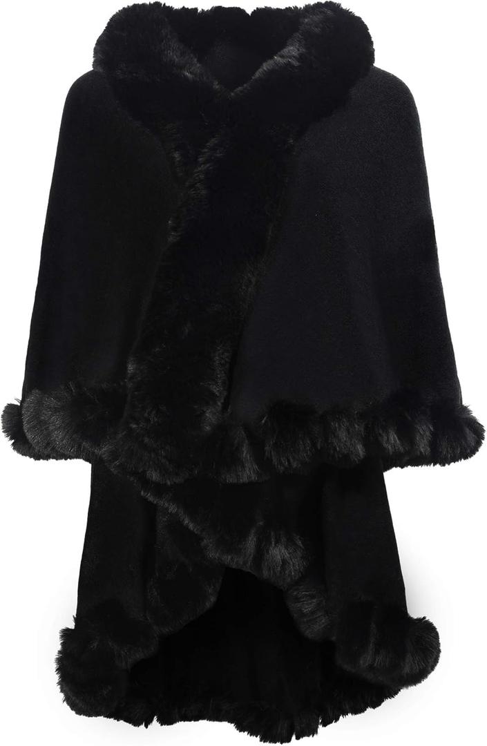ZLYC Women Fine Knit Open Front Faux Fur Trim Layers Poncho Cape Cardigan Sweater (One Size, Plain Black)