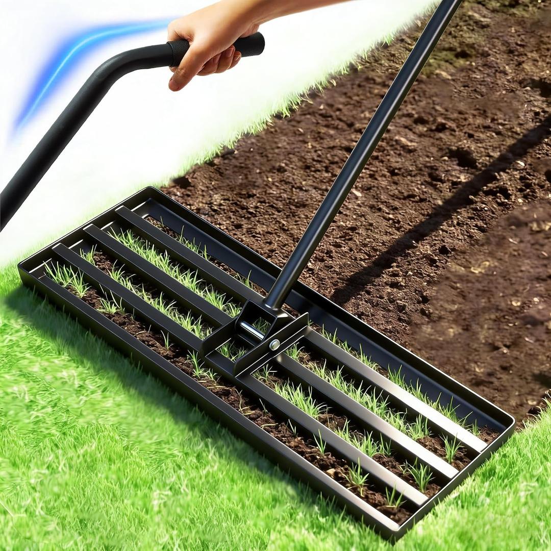 Lawn Leveling Rake, 30" x 10" Stainless Steel Head, Ergonomic Bent Handle, Level Soil & Sand, 6ft Long Handle for Yard, Garden, Sports Field