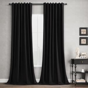Black 100% Blackout Linen Curtains 108 Inches Long 2 Panels for Bedroom Vintage Modern Black Out Drapes Thermal Insulated Back Tab Rod Pocket Window Curtain 108 Inch Length for Living Room