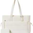 Roulens Tote Bag for Women 2 Set Puffer Tote Bag with Adjustable Top-handle, Quilted Shoulder Handbag for Work/Travel (Beige)