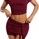 Milumia Women's 2 Piece Set Off The Shoulder Asymmetric Crop Top Ruched Tie Front Mini Skirt Going Out (Medium, Burgundy)