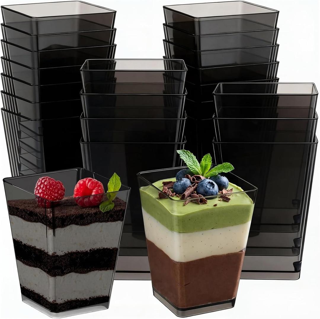 Mifoci 25 Pcs Black 5 oz Plastic Dessert Cups Appetizer Cups for Parties Mini Square Disposable Dessert Bowls Parfait Bowls for Pudding Fruit Yogurt Ice Cream Mousse