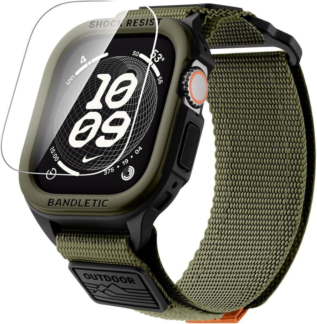 Bandletic Rugged Case with Band Compatible with Apple Watch, Protective Cover Sport Accessories for iWatch Men Armygreen, Large-49mm (Ultra 3/2/1)