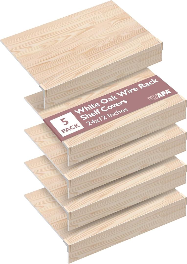 Ilyapa Wire Shelf Covers for Wire Shelving 24 x 12 in. 5 Pack PVC Faux Wood Rack Covers for Pantry, Linen Closets & Shelves, Pantry Shelf Cover - Wooden Oak Print