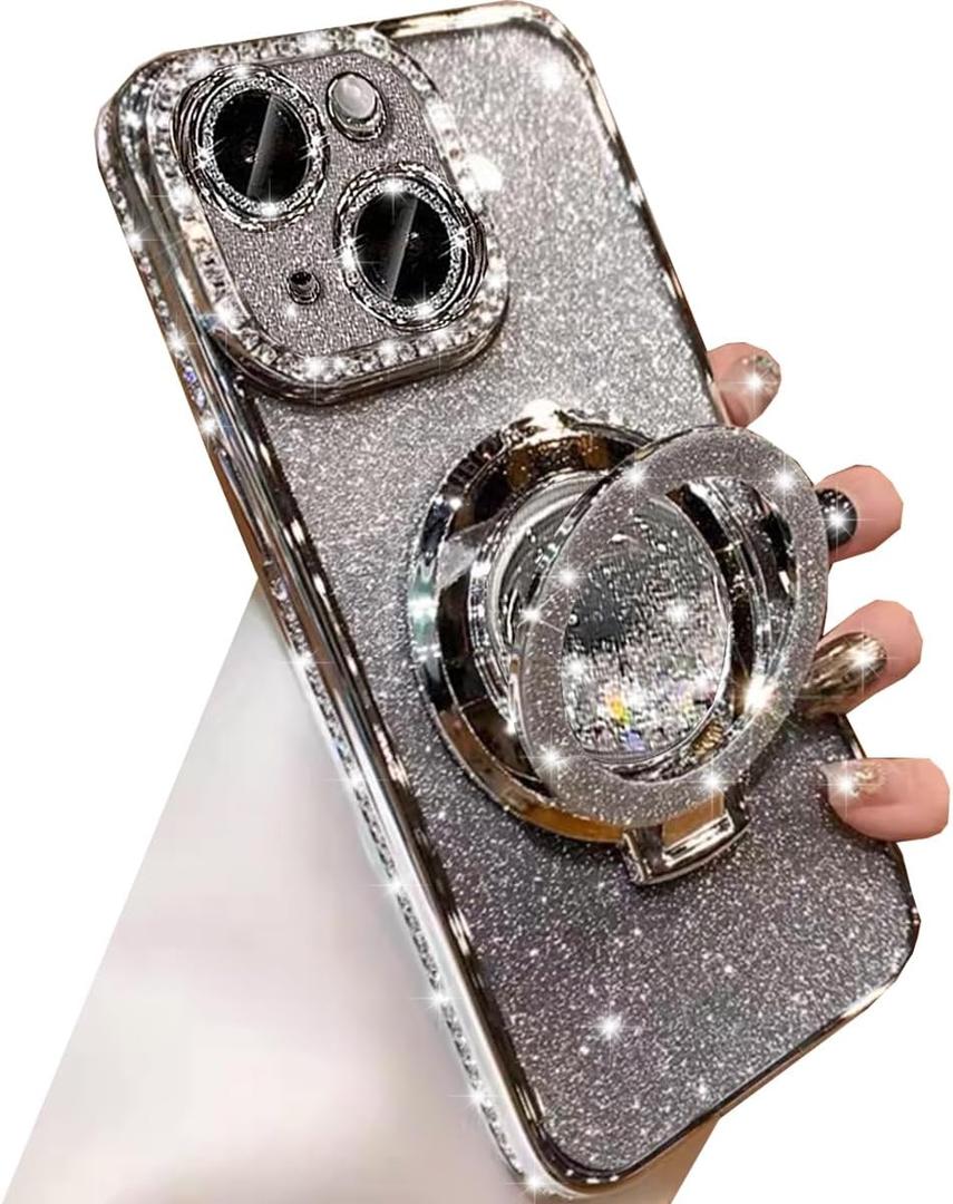 Glitter Kickstand Case for iPhone 15, Luxury Bling Sparkly Diamond Rhinestone with Camera Lens Protector Liquid Flowing Ring Stand TPU Bumper Slim Women Girls Case for iPhone 15 6.1" (Silver)