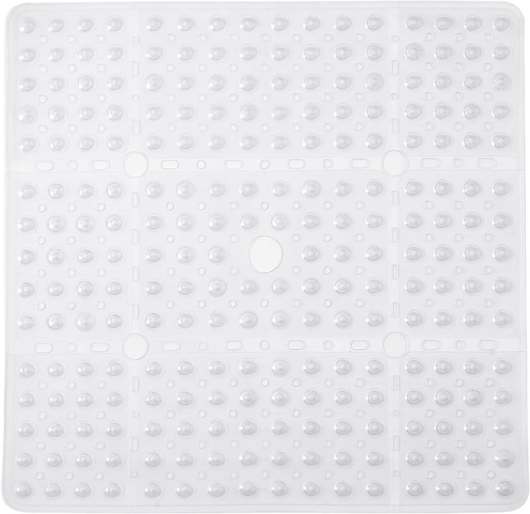 EENKOSI Square Shower Mat 27x27 inch - Large Clear Anti Slip Shower Floor Stall Mat - Non Slip Square Bathroom Bath Mat with Strong Secure Suction Cups and Drain Holes in Middle (Clear)