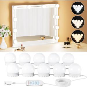 10 Bulbs LED Vanity Lights for Mirror, 3000K 4000K 6500K & 10-Brightness, Wire Length Adjustable, USB Cable, Hollywood Mirror Lights for Makeup Dressing Room Bathroom, White