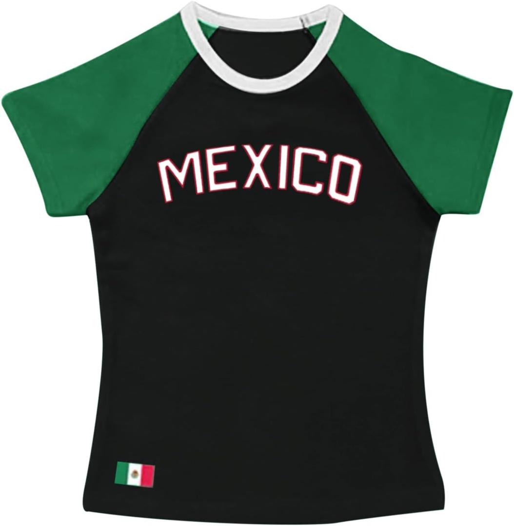Womens Vintage Baby Tees Mexico Jersey Shirts for Women Mexican Y2k Graphic Crop Tops Cropped Tee 2000s Clothing (Large, Black)