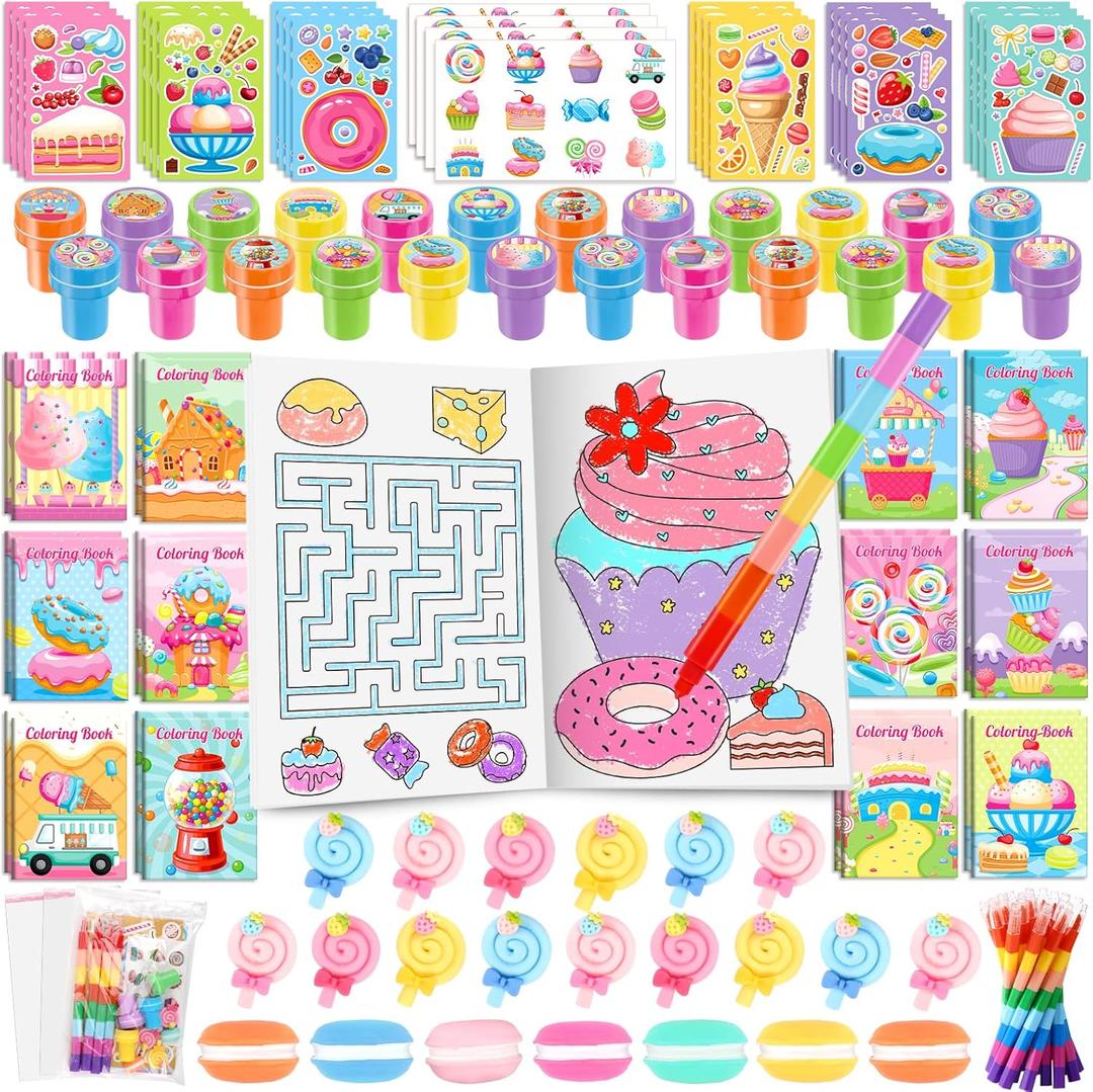 BenLouis 84Pcs Candyland Party Favors Ice Cream Donut Coloring Book Crayon Stickers Set Bulk for Kids Cupcake Lollipop Sweet Treats Birthday Gift Bag Desserts Pinata Filler Classroom Reward Crafts