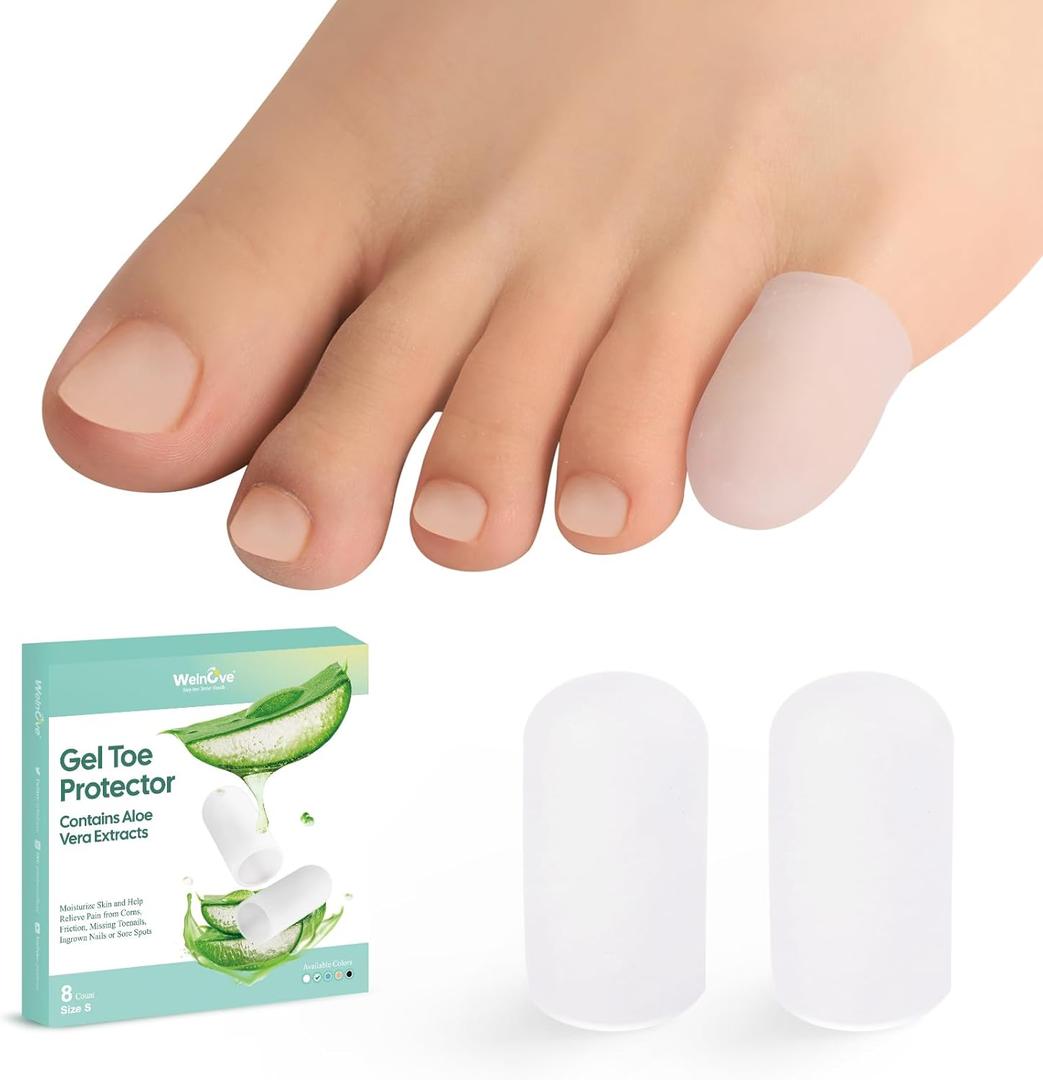 Welnove Gel Toe Cap and Protector - Silicone Toe Covers - Toe Cushions for Pain Relief, Missing or Ingrown Toenails, Corns, Calluses, Blisters - Infused Aloe Vera Extract (8 Small, Clear)