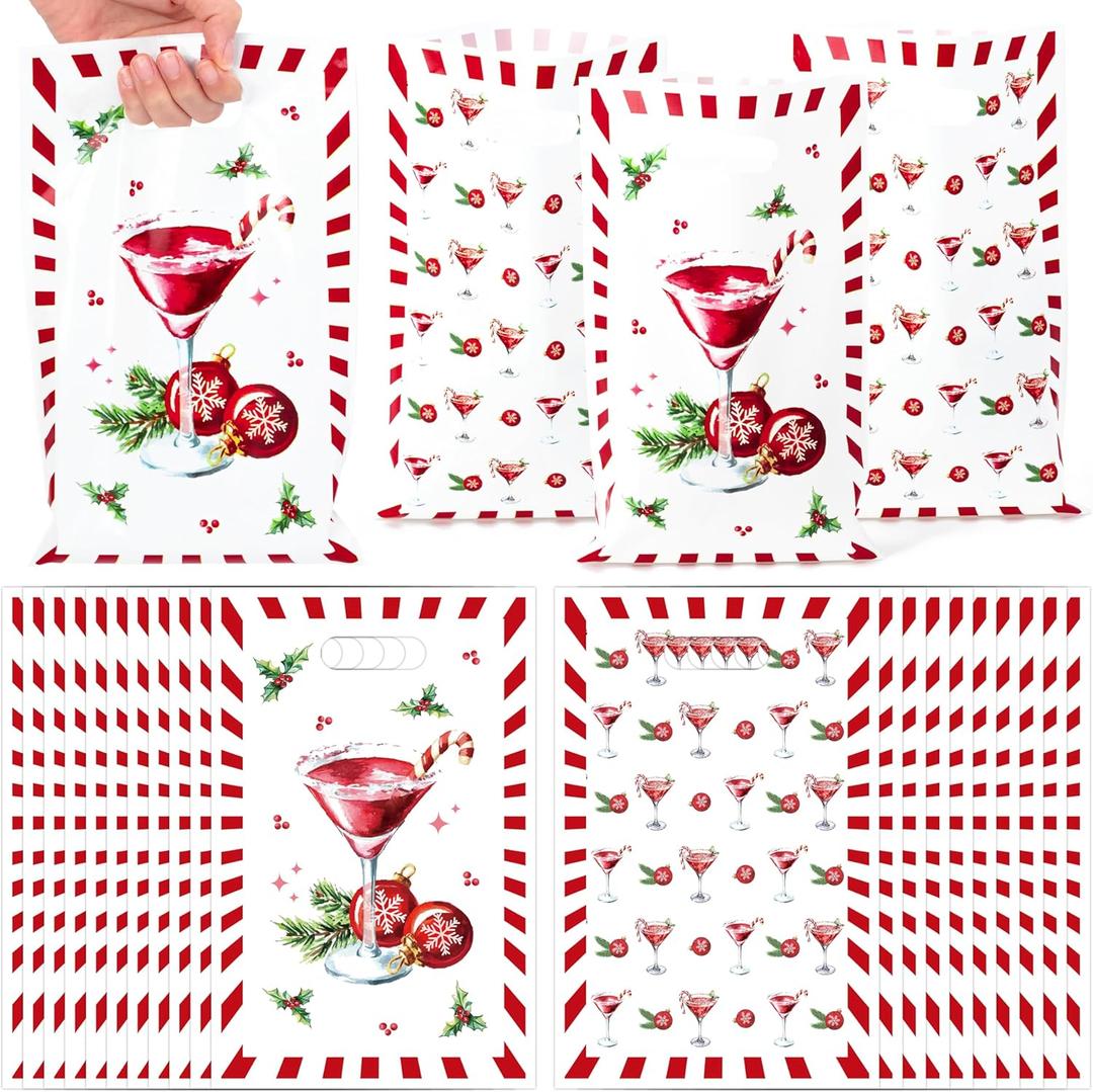 4 x 50Pcs Christmas Goody Gift Bag - ArianQicult Christmas Watercolor Plastic Snacks Party Favor Tote Bags with Handles Xmas Wrap Supplies for New Year Winter Holiday Goodie Gift Party Decoration Supplies