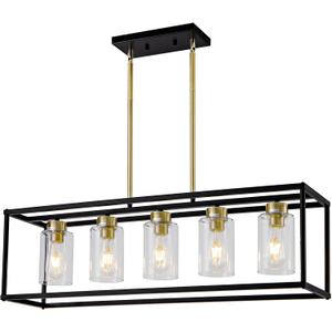 5 Light Dining Room Light Fixture Modern Farmhouse Chandeliers Over Table Black & Brushed Brass Gold Rectangular Pendent Lighting for Kitchen with Glass Shade Hanging Industrial Ceiling Light