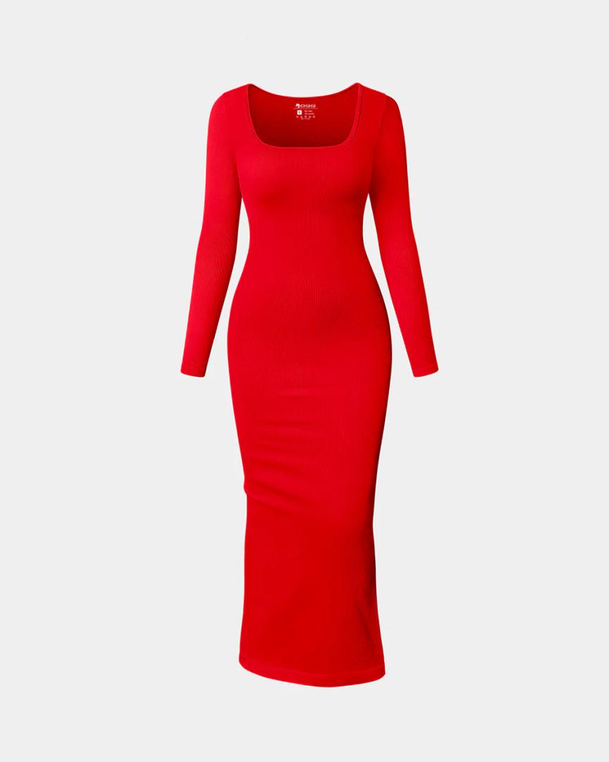 Maxi Dress Square Neck Bodycon Lounge Soft Dresses Red, Size: Small